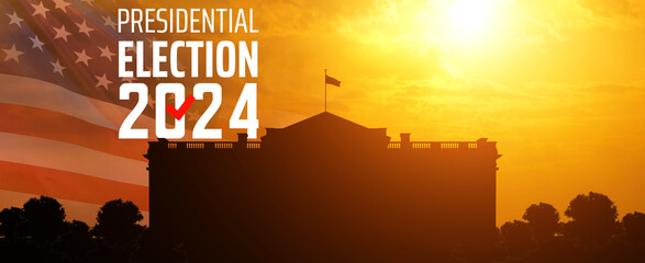 United States presidential election in 2024. White House silhouette on sunset background. USA flag....