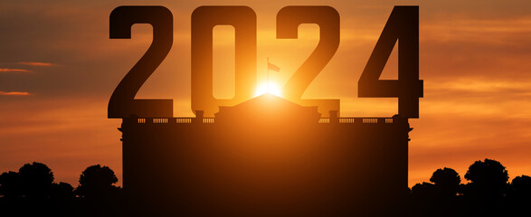 United States presidential election in 2024. White House silhouette on sunset background. USA flag. 3d illustration.