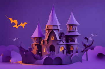 purple halloween castle on a podium paper art style ai generated background