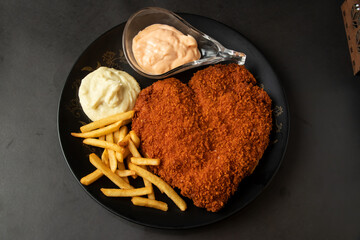 Fried fish fry and chip with mayo dip served in dish isolated on background top view of bangladesh...