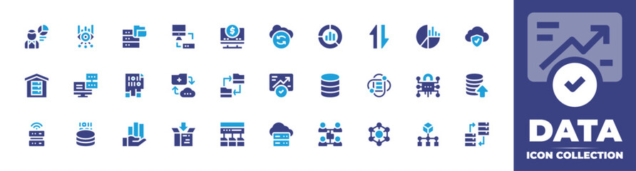 Data icon collection. Duotone color. Vector and transparent illustration. Containing donut chart, mobile data, database, data science, recovery, shared folder, network, pie chart, and more. - obrazy, fototapety, plakaty