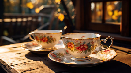 Vintage saucers and tea cups are elegantly arranged in the midst of a cozy cabin scene - obrazy, fototapety, plakaty