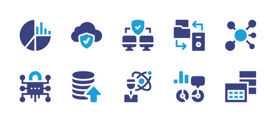 Data icon set. Duotone color. Vector illustration. Containing pie chart, cloud computing, data analytics, cyber security, export, database table, secure, data transformation, data scientist.