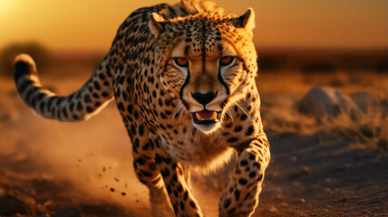 cheetah dashes across the savannah as the sun sets