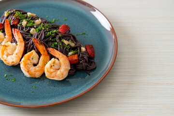 stir-fried black spaghetti with garlic and shrimps