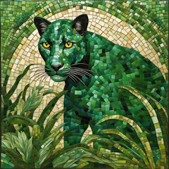 Mosaic depiction of a panther in green tones, a panel in stained glass style