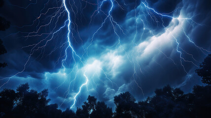 lightning bolts illuminating the night sky - obrazy, fototapety, plakaty