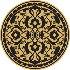 Vector gold and black arabic national round ornament. Ethnic circle, eastern and african peoples of asia, persia, iran, iraq, syria.