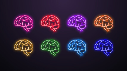 A set of neon icons of the human brain in different colors on a dark background. A concept for AI.