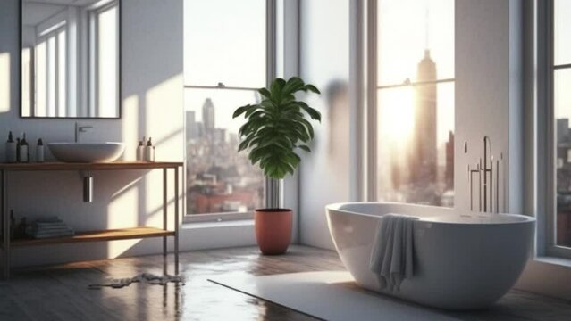 Front view on bright bathroom interior with bathtub, empty white wall, stool with towels, oak wooden floor, panoramic window with city skyscraper.