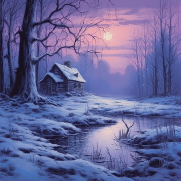 Secluded cabin by a frozen lake at dusk paint
