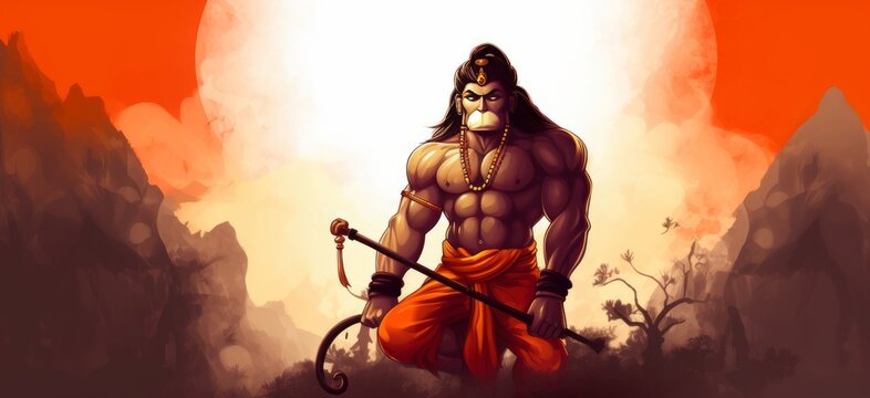 Illustration of Lord Hanuman on abstract background for Hanuman Jayanti festival of India and Happy Dussehra celebration background with Hindi Text Jai, Generative AI