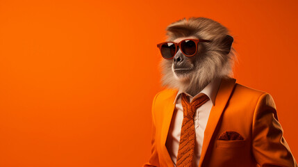 Stylish monkey portrait, wearing sunglasses, tie and suit in orange background
