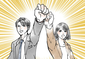 ガッツポーズをする男女のビジネスマン