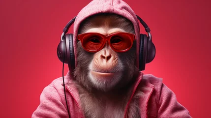 Schilderijen op glas Portrait of a gangster monkey wearing pink hoodie, sunglasses and head phones in pink background © amila