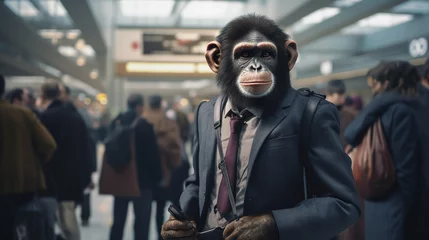 Gordijnen Portrait of middle aged monkey journalist wearing a suit and standing in public airport © amila