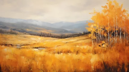 Fototapeten Autumn in the Mountains Landscape with Golden Aspen Trees and Meadow - Digital Oil Painting - Generative AI © Pinon Road