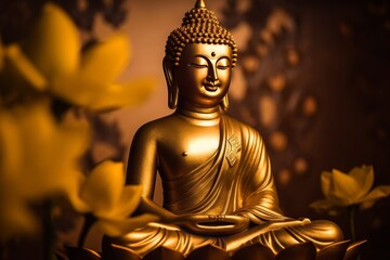 Fototapeta premium Buddha Purnima celebration, Buddha Jayanti golden color image of god gautam buddha peace of mind, Generative AI