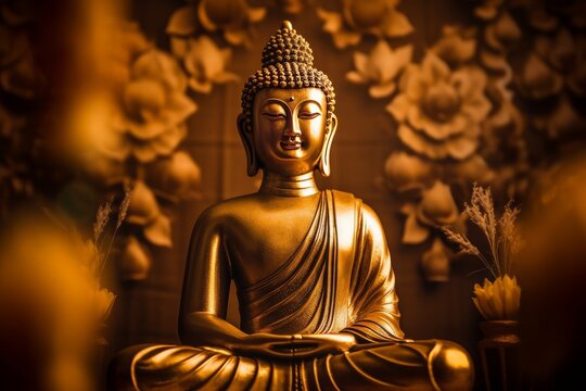 Buddha Purnima celebration, Buddha Jayanti golden color image of god gautam buddha peace of mind, Generative AI