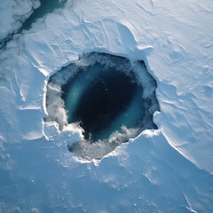 In a frozen lake. a crack of ice forms in. Top view

