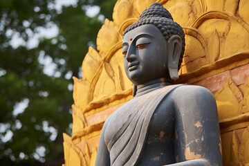 Close up of Gautam Buddha statue  at a Buddhist monastery at Sarnath, Varanasi, India, Generative AI
