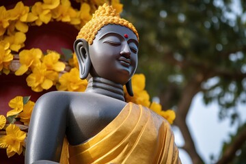 Close up of Gautam Buddha statue  at a Buddhist monastery at Sarnath, Varanasi, India, Generative AI