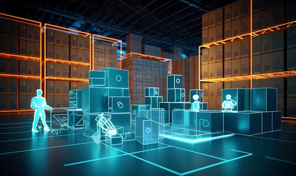 Business management or organization with smart system. package box or contener in storage warehouse. robot automation technology. market demand and supply. Generative AI
