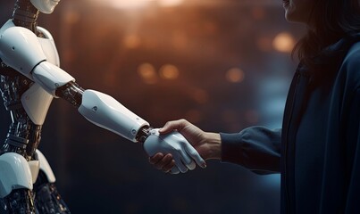 Close up. person and robot ai shaking hands.collaboration and friendship or partner support together. happy and successful. Generative AI