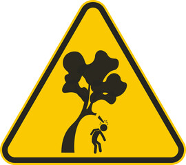Isolated illustration of triangle sign man walking with accident branches of tree falling at head, injury safety precaution danger sign in park, forest, trees  - obrazy, fototapety, plakaty