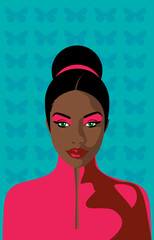 Vector portrait of a stylish woman, pink makeup and butterfly pattern background