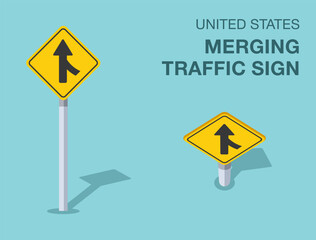 Traffic regulation rules. Isolated United States merging traffic sign. Front and top view. Flat vector illustration template.