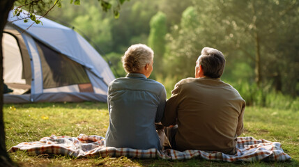 Naklejka na ściany i meble old man and old woman couple Go on a camping trip on the lawn among the forests and mountains of the calm and warmth of elderly. Activities to build relationships, love, romance in the family.