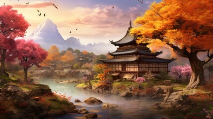 Naklejka premium Autumn landscape with trees, mountains, fields, leaves. Asian village landscape, Generative AI