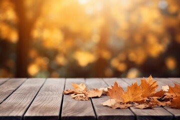 Naklejka na ściany i meble Autumn maple leaves on wooden table, falling leaves natural background for web banner, design template. Generative AI