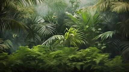 Illustration of tropical fern bushes background lush green foliage in the rain forest with nature plant tree.