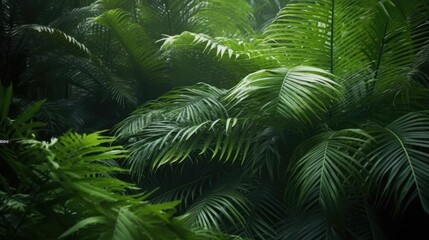 Illustration of tropical fern bushes background lush green foliage in the rain forest with nature plant tree.