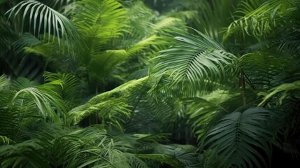 Illustration of tropical fern bushes background lush green foliage in the rain forest with nature plant tree.