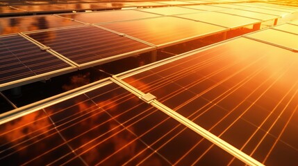 solar panels with sun shining evening gold color 