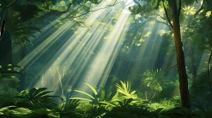 Illustration of tropical fern bushes background lush green foliage in the rain forest with nature plant tree.