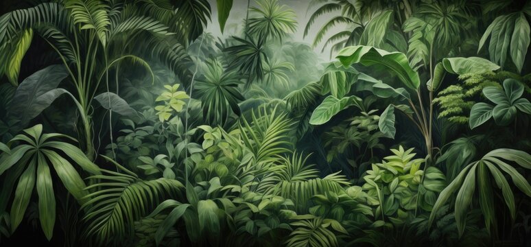 Illustration of tropical fern bushes background lush green foliage in the rain forest with nature plant tree.