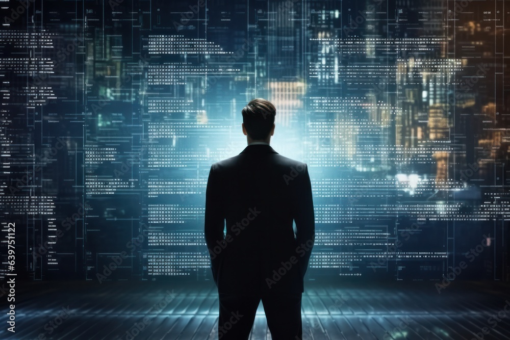 Wall mural business digital technology, with source code overlay software development concept, generative ai