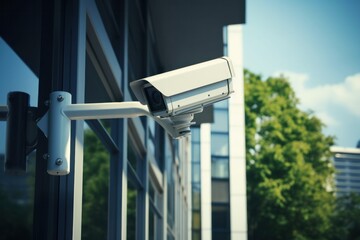 IP CCTV camera on modern building, security system concept Generative AI