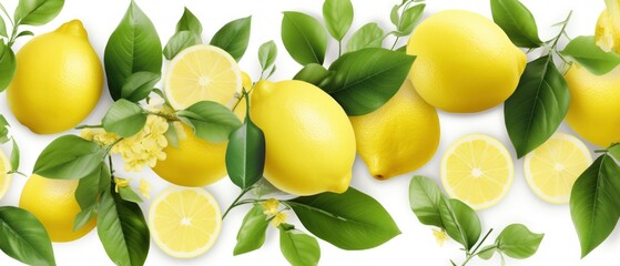 Creative summer tropical background with citrus fruits, leaves and flowers. Orange, lemon, lime on yellow background. Summer concept, Generative AI