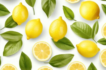 Creative summer tropical background with citrus fruits, leaves and flowers. Orange, lemon, lime on yellow background. Summer concept, Generative AI