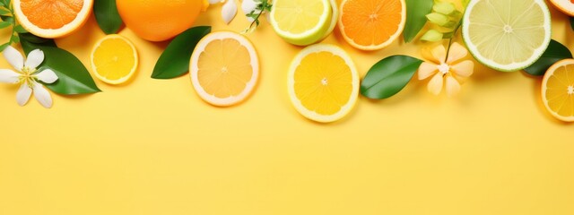 Creative summer tropical background with citrus fruits, leaves and flowers. Orange, lemon, lime on yellow background. Summer concept, Generative AI