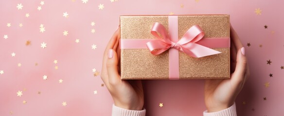 Female hands holding a gift wrapped with colorful ribbon, Generative AI