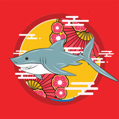 Naklejka premium shark with japanese background, logo, icon