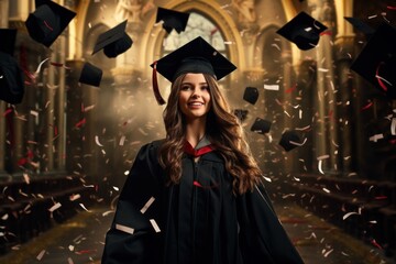 Obraz premium Illustration of graduation concept education congratulation. Graduation Ceremony ,Congratulated the graduates in University, Generative AI