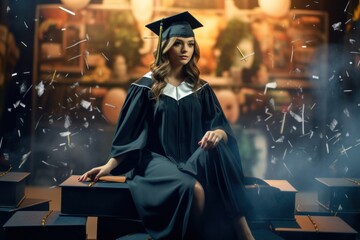 Obraz premium Illustration of graduation concept education congratulation. Graduation Ceremony ,Congratulated the graduates in University, Generative AI