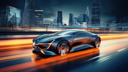 Obraz premium Futuristic Self-Driving Van Moving on a Public Highway in a Modern City, Generative AI